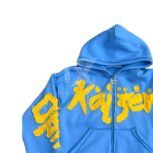 Sudadera con capucha azul desgastada con estampado amarillo al por mayor |   Sudadera con capucha vintage adornada con estampado de alienígena agrietado - Product Image 6
