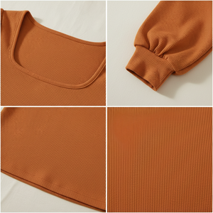 Haut moulant côtelé pour femme à col carré et manches longues, coupe ajustée, avec épaules bouffantes et poignets élastiques, chemisier tendance, style streetwear décontracté, vente en gros - Product Image 5