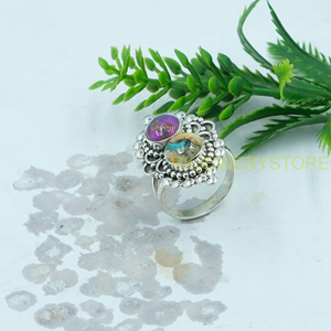 Anillo de Plata de Ley 925 Hecho a Mano con Doble Piedra de Turquesa Cobre Púrpura Natural y Turquesa Ostra Azul, Anillo de Declaración para Mujer - Product Image 2
