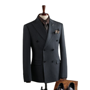Costume d'affaires en laine croisé pour homme, gris, col cranté, style britannique, coupe droite, anti-rétrécissement, devant plat - Product Image 5