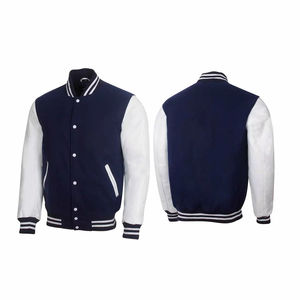 Chaqueta Varsity de Lona Azul Marino para Hombre, Mangas Blancas, Estilo Casual, Transpirable, Bordada, con un Solo Botón y Cuello Camisero, Corte Regular - Product Image 1
