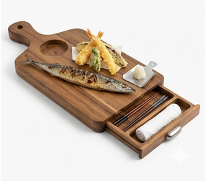 Plateau de service rectangulaire en bois pour sushis, présentoir alimentaire avec tiroir à baguettes, multifonctionnel pour cuisine, maison, restaurant, fête - Product Image 6