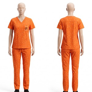 Women Printed <b>Scrub</b> Set 180 GSM Premium Polyester Spandex Fabric Peach White Medical Uniform Custom Embroidery Print Logo - Product Image 5