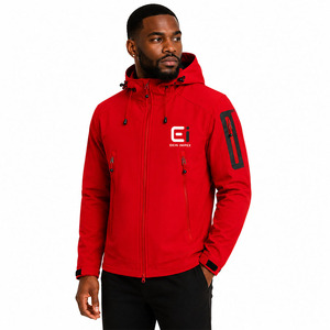 Custom Premium Softshell Safari <b>Jacket</b> <b>Waterproof</b> Windproof Hooded Outdoor Sportswear Reflective Logo <b>Red</b> Accents Heated - Product Image 3