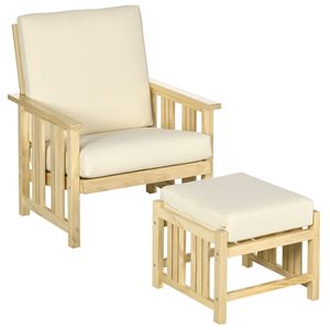 Ensemble de meubles de patio extérieur 2 pièces en bois chaise longue rembourrée beige avec repose-pieds et pouf pour se divertir en plein air - Product Image 1