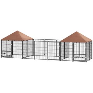 Grande Cuccia per Cani da Esterno con 2 Stanze, Ciotole Girevoli Regolabili in Altezza, Tettoia Impermeabile Anti-UV, Design Rettangolare, Spazio Interno - Product Image 1