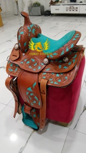 Custom Kids Brown Tooled Turquoise inlay Genuine Leather Western Horse Saddle for kids Portable Riding durable comfy seat - Product Image 2