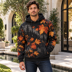 Herren Grafik-Hoodie aus Baumwollfleece Elfenbein-Grün Blätterdruck Pullover Pflanzen-Grafik Lässiger Sweatshirt Trendige Oberbekleidung - Product Image 2