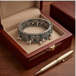 DIVYORO Women's Brass <b>Copper</b> Alloy Oxidized Silver Plated Antique Pearl <b>Bangle</b>-Gift - Product Image 3