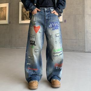 American High Street Digital Printed <b>Jeans</b> High Quality Relaxed Fit Hip Hop Wide Leg Straight Leg Casual Pants - Product Image 1