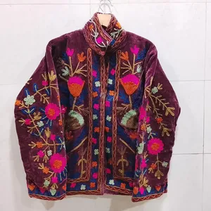 <b>Women</b> Ethnic Floral Suzani Cotton <b>Jacket</b> Burgundy Boho Embroidered <b>Vintage</b> Style Casual Lightweight Coat - Product Image 1