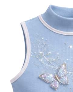 Débardeur côtelé bleu ciel personnalisé pour femme avec col montant et motif papillon en strass, sans manches, été, fabrication sur mesure - Product Image 2