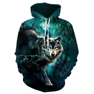 Sudadera con Capucha para Hombre, Diseño 3D de Lobo y Luna, Azul, Invierno, Informal, 100% Algodón, Resistente al Viento - Product Image 2