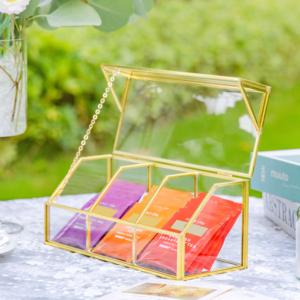 Wholesale Glass Gold <b>Tea</b> Bag Organizer Storage <b>Box</b> with 3 Compartments Christmas Gift for <b>Tea</b> Lovers - Product Image 6