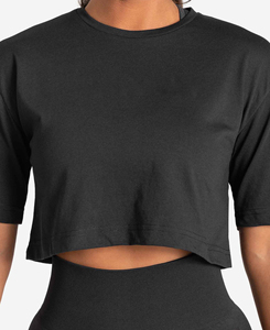 Camiseta Corta de Alta Calidad para Mujer, Color Negro, Cuello Redondo, Tejido de Punto, Color Sólido, Informal, Transpirable, Ecológica, Precio Bajo - Product Image 4