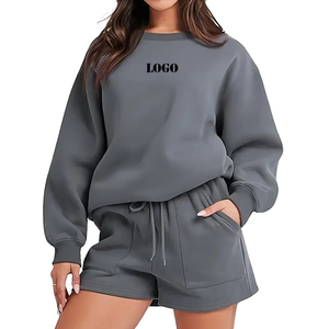 Conjunto de 2 piezas de pantalones cortos de lana gris para mujer, cuello redondo, manga larga, corte holgado, color sólido, informal, para todas las estaciones - Product Image 1