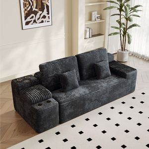 Divano Componibile a 5 Posti con 2 Pouf, Larghezza 150 cm, Comodo Divano a U in Tessuto di Velluto a Coste NERO per Soggiorno - Product Image 4