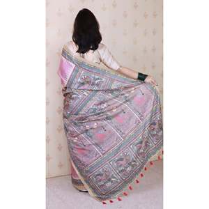 Sari en soie Tussar rose poudré Elite Weaves, imprimé Madhubani, avec bordure tissée Zari, 450g, pour tenue de soirée - Product Image 4