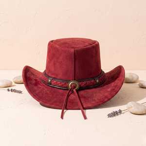 Premium Quality Custom Handmade Red Suede <b>Steampunk</b> Cowboy <b>Hat</b> Bold Alternative Fashion Headwear - Product Image 3