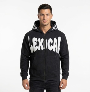 Sweat à capuche zippé noir pour homme, motif graphique, style hip-hop streetwear, 100% coton, coupe oversize, effet vieilli, collection automne, 350g - Product Image 5