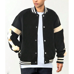 Men's Black Varsity Jacket Woolen Quick Dry Cotton-Lined Stand Collar <b>Covered</b> <b>Button</b> Closure Full-Sleeve Blank Spring Wear - Product Image 1