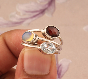 Natural Red <b>Garnet</b>, Blue Topaz Opal Bezel Setting Band <b>Ring</b> 925 Sterling <b>Silver</b> Women's Genuine Three Stone Gemstone <b>Ring</b> - Product Image 2