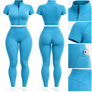<b>Womens</b> Blue Zip Up Yoga Set <b>Short</b> Sleeve Crop Top High Waist Pocket <b>Leggings</b> Gym Fitness Workout Activewear Two Piece Set - Product Image 6
