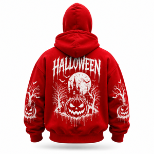 Custom Halloween Full <b>Zip</b> Mask Hoodie Red Oversized Streetwear Hoodie Gothic Pumpkin Scarecrow Haunted House Print Unisex Hoodie - Product Image 3