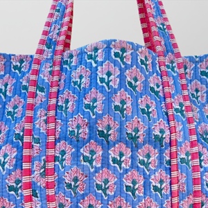 Bolso Tote Impermeable de Algodón Acolchado con Estampado de Bloques Personalizado, Estilo Vintage, Azul Leopardo, para Dama, Playa, Venta al por Mayor, Grande, Hecho a Mano - Product Image 4