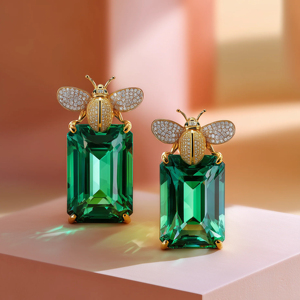 Luxury Insect <b>Stud</b> Earrings 18K Gold <b>Emerald</b> Cut Green Stone Diamond Wings Women Party Jewelry - Product Image 2