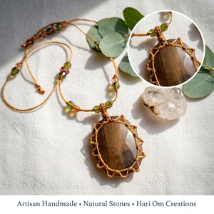 สร้อยคอจี้หินควอตซ์สโมคกี้เคลือบแพลตตินั่มทำมือประดับด้วยลูกปัดน้ำจืดแบบมาคราเม่ หินสีน้ำตาลทรงเหลี่ยม สไตล์โบโฮ สำหรับงานปาร์ตี้ เสริมพลังบำบัด - Product Image 4