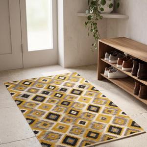 Handwoven Wool Geometric Diamond <b>Rug</b> - Mustard Black Ivory Tribal Kilim Style Area Floor Carpet Modern <b>Boho</b> Home Decor - Product Image 4
