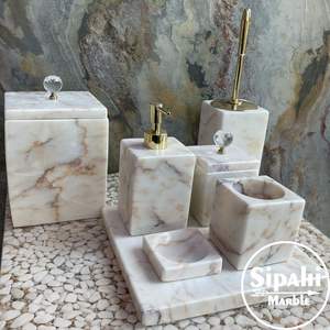 Ensemble d'accessoires de salle de bain de luxe en marbre 5 pièces, ensemble de meubles de salle de bain en pierre naturelle, marbre beige, blanc ou gris, décoration de salle de bain - Product Image 3
