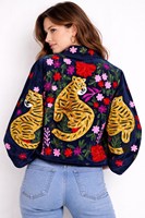 Veste pour femme confortable et décontractée, avec motifs de tigre brodés à la main, richement ornée de fils dorés, style bohème chic, blazer en velours d'hiver