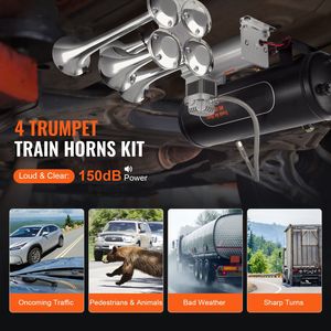 Kit de Klaxons de Train 4 Trompettes, Kit de Klaxons Pneumatiques 150 dB pour Camionnettes, Compresseur d'Air 12 V 160 psi, 2,6 Gallons/10 Litres, Avertissement de Circulation - Product Image 5