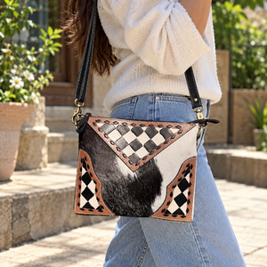 Bolso de Hombro de Cuero Vacuno con Diseño a Cuadros, Estilo Bohemio, Vintage, Hecho a Mano, Elegante - Product Image 1