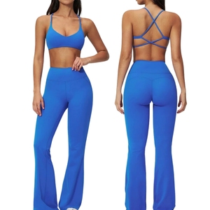 2026 Custom Logo Solid Breathable Yoga <b>Leggings</b> Women High Waist <b>Flare</b> Pants Cross Back Sports Bra 6 Piece Workout Gym - Product Image 3