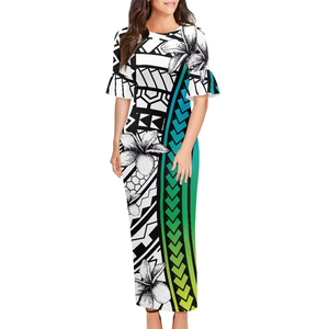 Robes décontractées pour femmes, été, élégantes, imprimé tribal polynésien hawaïen, fleurs tropicales, col rond, manches courtes, coupe ample, naturelles - Product Image 1