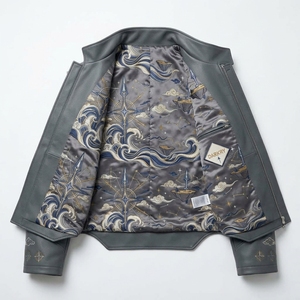 Chaqueta de Cuero Genuino con Cuello Mandarín, Patrón Geométrico Bordado, Estilo Urbano, Corte Regular, Cierre de un Solo Botón, para Otoño - Product Image 5
