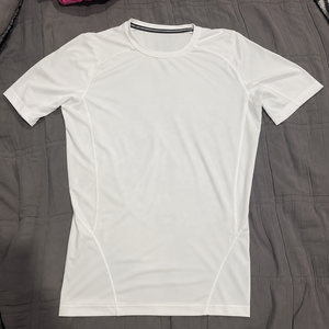 T-shirt de compression blanc à manches courtes pour homme, coupe classique, séchage rapide, col rond, en polyester tricoté, respirant, sportif - Product Image 1