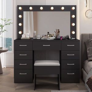 Large Lighted 12 LED Mirror Makeup Vanity Desk Set with 9 Drawers Glass Top Vanity Table with Power Outlet - Product Image 1