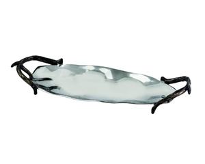 Bandeja para servir de Metal ovalada plateada, con bordes irregulares ondulados, con asas de cornamenta negra, decoración de lujo para el hogar, bandejas para fruta de cocina - Product Image 1