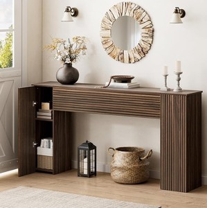 Mesa Consola Moderna Hecha a Mano de Madera de Teca Sólida con Almacenamiento para Comedor, Apartamento, Sala de Estar, Mueble de Entrada - Product Image 1