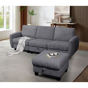Divano in Velluto a Coste Grigio per Soggiorno con Pouf, Set di Mobili Confortevoli per la Casa - Product Image 1