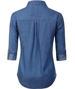 Camisas de mezclilla ajustadas con bolsillo en el pecho, elásticas, con botones, transpirables, al por mayor - Product Image 4