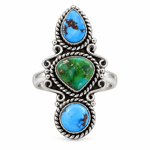 Blue and Green <b>Turquoise</b> 3 Stone <b>Ring</b> Round Oval Round Handmade Western Boho Style Gemstone Statement Jewelry <b>Ring</b> - Product Image 5