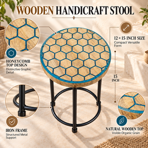 Tabouret artisanal en bois nid d'abeille avec structure en fer et plateau en bois naturel |   Tabouret d'appoint rond décoratif pour le salon, décoration intérieure - Product Image 5