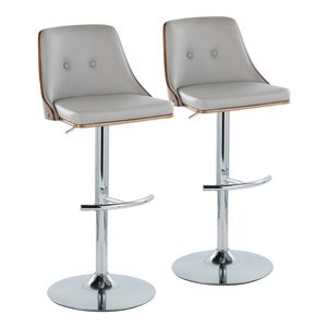 Gianna Mid Century Modern Adjustable <b>Barstool</b> with <b>Swivel</b> Chrome Metal and Walnut Wood Light Grey Faux Leather Rounded Seat - Product Image 1