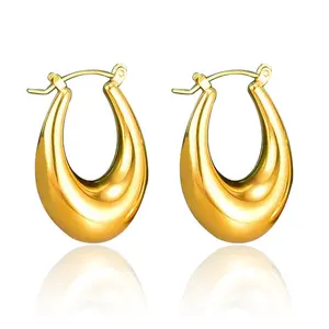 18 K Gold Plated Chunky Thick Oval Hoop Earrings For Girl , Women , Men