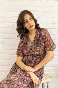 Vestido Midi Boho de Gasa con Cuello en V, Estampado Paisley, Manga Corta, Corte Holgado, Estilo A-Line, Vestido Casual de Verano para Mujer, Vestido Elegante para Mujer - Product Image 3
